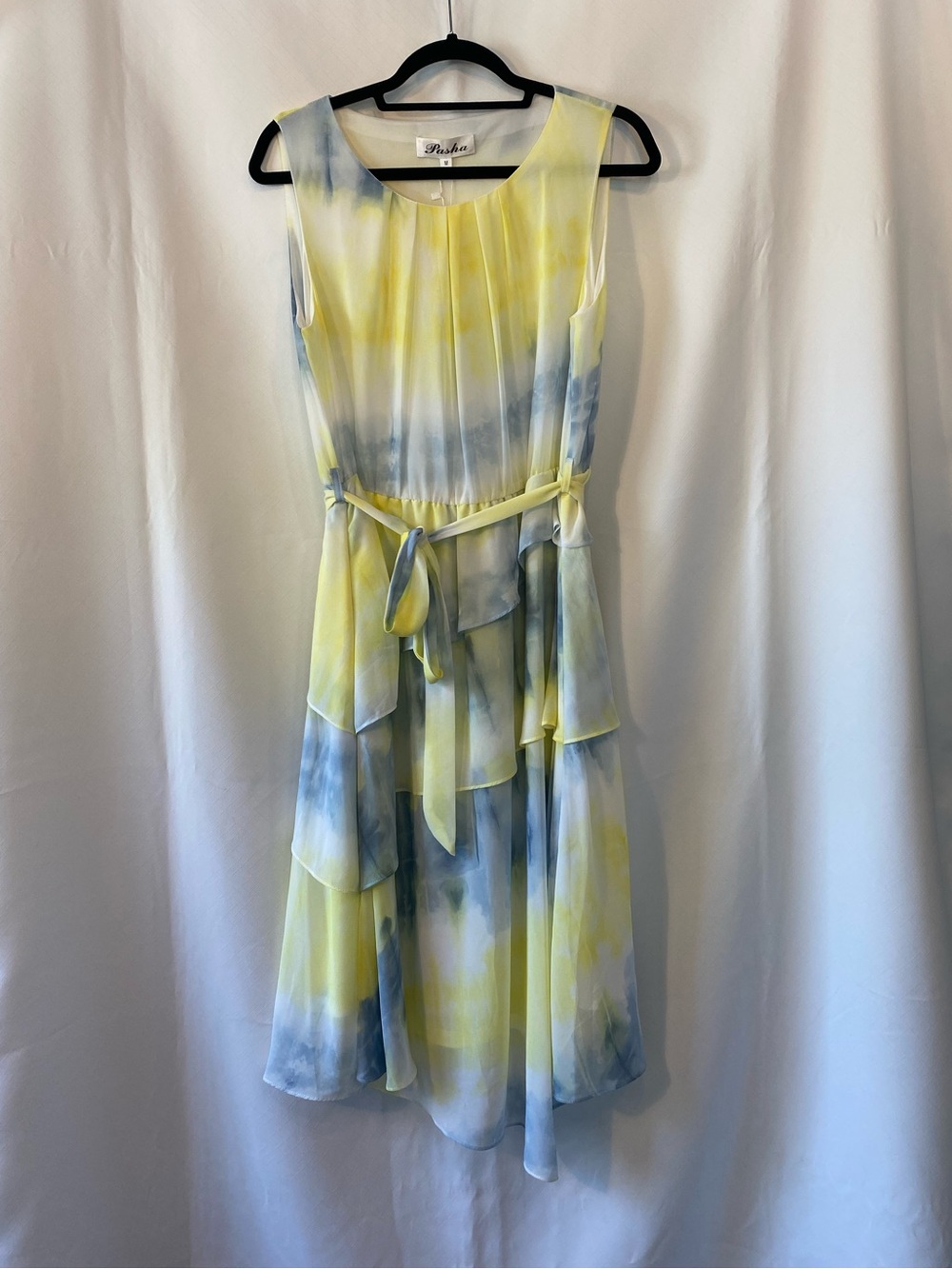 Women's Cottagecore Sleeveless Chiffon Watercolour Tie-Dye Tiered Midi Dress MD